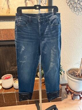 Chico's Dark Blue Cropped Jeans with Embroidered Sequin Cuffs